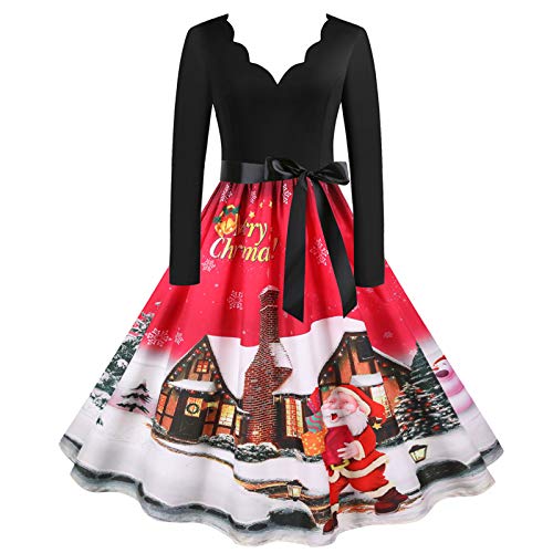 Damen Weihnachten Kleider Langarm Weihnachtskleid Vintage Hepburn Cocktailkleid Weihnachten Druck Partykleid A-Linie Swing Kleid Dress von POTTOA