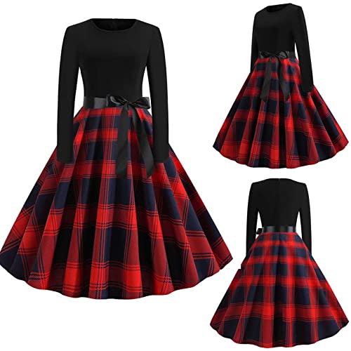 POTTOA Damen Weihnachten Kleider Langarm Weihnachtskleid Vintage Hepburn Cocktailkleid Weihnachten Druck Partykleid A-Linie Swing Kleid Dress, M, C-rot von POTTOA