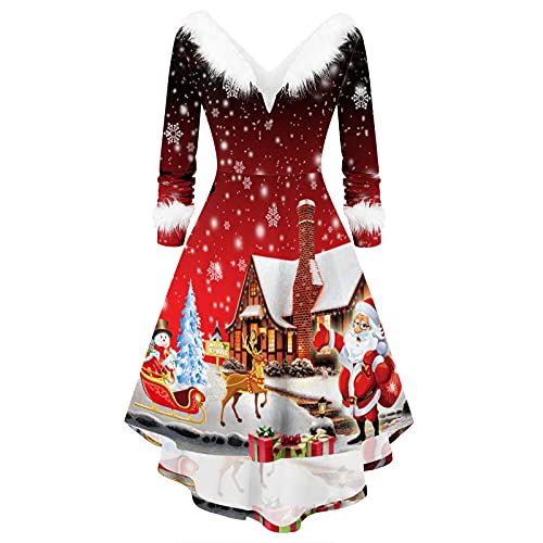 POTTOA Damen Weihnachten Kleider Langarm Weihnachtskleid Vintage Hepburn Cocktailkleid Weihnachten Druck Partykleid A-Linie Swing Kleid Dress, M, D-schwarz von POTTOA