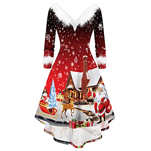 POTTOA Damen Weihnachten Kleider Langarm Weihnachtskleid Vintage Hepburn Cocktailkleid Weihnachten Druck Partykleid A-Linie Swing Kleid Dress, S, D-schwarz von POTTOA