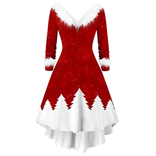 POTTOA Damen Weihnachten Kleider Langarm Weihnachtskleid Vintage Hepburn Cocktailkleid Weihnachten Druck Partykleid A-Linie Swing Kleid Dress, XXL, D-weiß von POTTOA