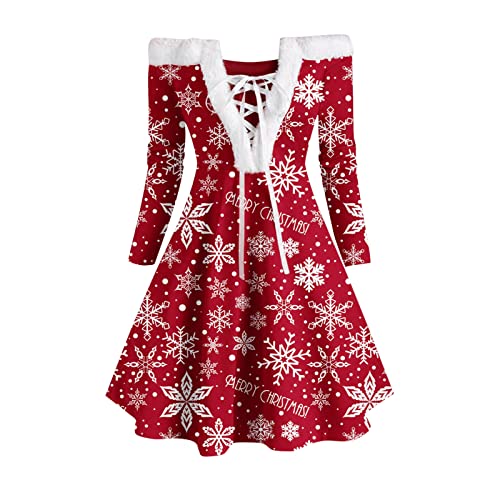 POTTOA Damen Weihnachten Kleider Langarm Weihnachtskleid Vintage Hepburn Cocktailkleid Weihnachten Druck Partykleid A-Linie Swing Kleid Dress, M, E-rot von POTTOA