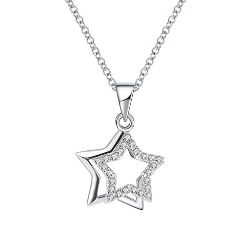 Funkelnde Halskette mit Doppelstern-Anhänger aus Sterlingsilber for Damen, hypoallergene Halskette mit verstellbarem Zirkonia-Anhänger und Sternenanhänger, Geschenke zu Weihnachten und for Geburtstag von POTUBI