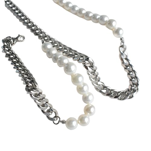 Halskette for Damen, 925 Sterling Silber natürliche Halbperlen-Halbkette for Damen und Herren, Vintage-Halbperlen-Halsketten-Armband-Sets – Punk-Perlenschmuck-Sets, Halbperlen-Halbkette mit Initiale(S Halskette for Damen, 925 Sterling Silber natürliche Halbperlen-Halbkette for Damen und Herren, Vintage-Halbperlen-Halsketten-Armband-Sets – Punk-Perlenschmuck-Sets, Halbperlen-Halbkette mit Initiale(S von POTUBI