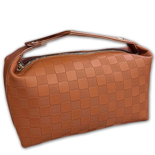 Kosmetiktasche, Reise-Make-up-Tasche, Reise-Kulturtasche for Damen, weit geöffnete Kosmetiktasche, wasserdichtes Kosmetiketui aus PU-Leder for den täglichen Gebrauch auf Reisen (weiß)(Brown) von POTUBI