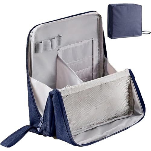 Make-up-Tasche, stehende Make-up-Tasche, Kulturbeutel mit Fächern, Kosmetiktaschen mit großem Fassungsvermögen for Damen, vertikaler Reise-Make-up-Organizer for Pinsel und Spiegel (rot)(Blue) von POTUBI