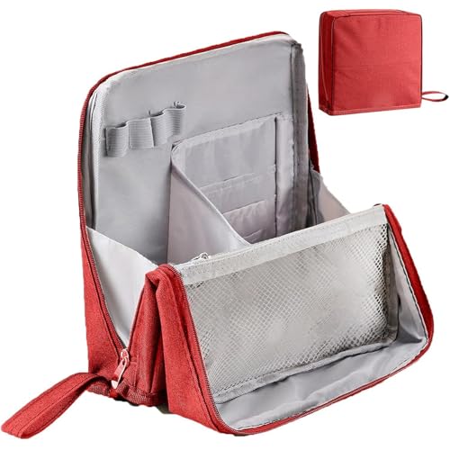 Make-up-Tasche, stehende Make-up-Tasche, Kulturbeutel mit Fächern, Kosmetiktaschen mit großem Fassungsvermögen for Damen, vertikaler Reise-Make-up-Organizer for Pinsel und Spiegel (rot)(Red) von POTUBI