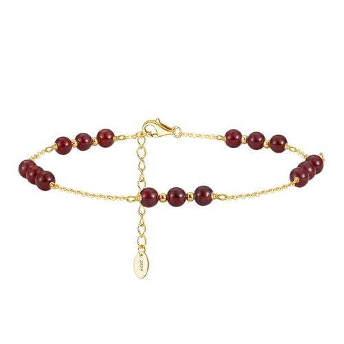 POTUBI 925 Sterling Silber Natürlicher roter Granat Edelstein Mikroperlen Zierliches Fußkettchen Schmuck for Frauen Januar Geburtsstein Energiekristalle Fußkettchen(Gold) von POTUBI