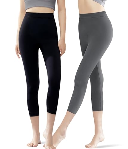 POWER FLOWER 2er-Pack Damen 3/4 Baumwoll-Leggings – Knielange Schwarze Leggings, Weich Atmungsaktiv Bequem für den Alltag (9075-Combo2, S-M) von POWER FLOWER