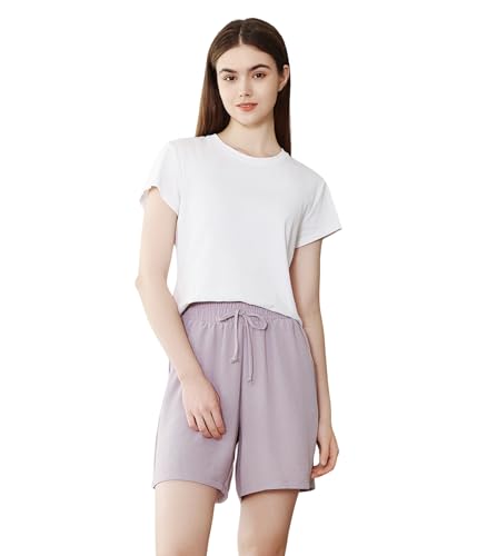 FP DE POWER FLOWER Damen Sommer Shorts Casual Sweat Shorts mit Taschen Bequeme Kordelzug Workout Shorts(LY178-Purple, S-M) von POWER FLOWER