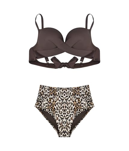 POWER FLOWER Damen Tummy Control Hochtailliertes Bikini Set Push-Up Badeanzug Leopard Print Höschen Zwei Teile Badebekleidung (S, RD640-Coffee) von POWER FLOWER