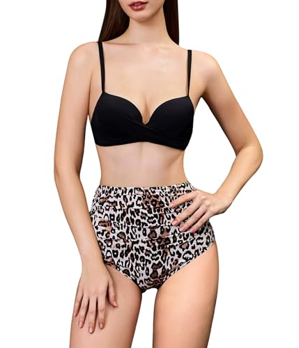 POWER FLOWER Damen Tummy Control Hochtailliertes Bikini Set Push-Up Badeanzug Leopard Print Höschen Zwei Teile Badebekleidung (XL, RD640-BlackCoffee) von POWER FLOWER