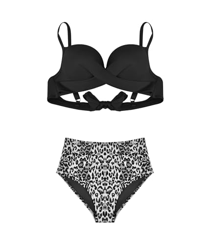 POWER FLOWER Damen Tummy Control Hochtailliertes Bikini Set Push-Up Badeanzug Leopard Print Höschen Zwei Teile Badebekleidung (XXL, RD640-Black) von POWER FLOWER