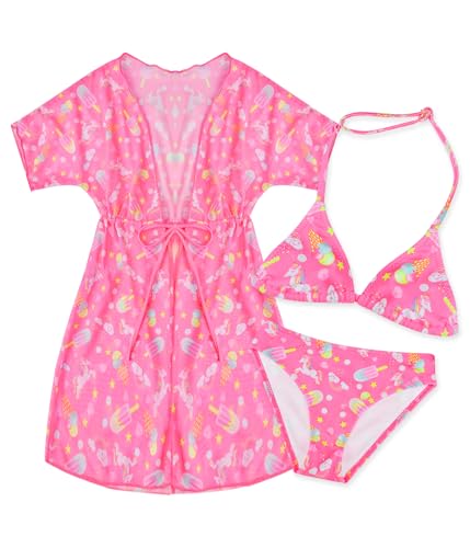 POWER FLOWER Mädchen 3-teiliges Badeanzug-Set, Bikini-Set mit Coverup zum Schwimmen, Zweiteiliger Badeanzug mit Coverup für Mädchen von 4 bis 16 Jahren (4-6 Years, LA665-Pink) von POWER FLOWER