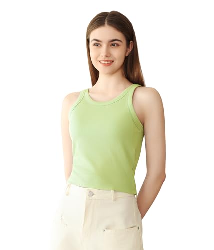 POWER FLOWER Damen Camisole mit Eingearbeitetem Shelf Bra, Rib-Knit Tank Top, Basic Yoga Top, Layering Top, Padded Casual Top (LY188-Green, S-M) von POWER FLOWER