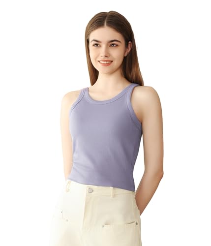POWER FLOWER Damen Camisole mit Eingearbeitetem Shelf Bra, Rib-Knit Tank Top, Basic Yoga Top, Layering Top, Padded Casual Top (LY188-Purple, S-M) von POWER FLOWER