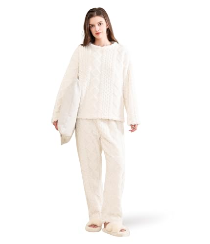 POWER FLOWER Damen Flauschiges Fleece-Pyjama-Set – Lockerer Plüsch-Pullover und Hose, 2-teiliges gemütliches Schlafanzug-Set für den Winter (L-XL, LY218-White) von POWER FLOWER