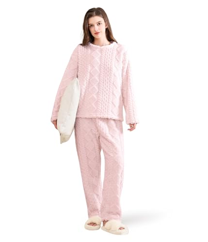 POWER FLOWER Damen Flauschiges Fleece-Pyjama-Set – Lockerer Plüsch-Pullover und Hose, 2-teiliges gemütliches Schlafanzug-Set für den Winter (S-M, LY218-Pink) von POWER FLOWER