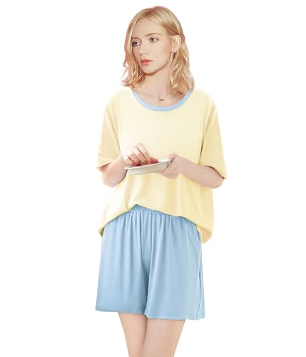 POWER FLOWER Damen Pyjama Set Kurzarm Top und Shorts Set, 2-teiliges Schlafanzug Loungewear Set mit Taschen, Bequeme Schlafbekleidung (LY196-Yellow,S-M) von POWER FLOWER