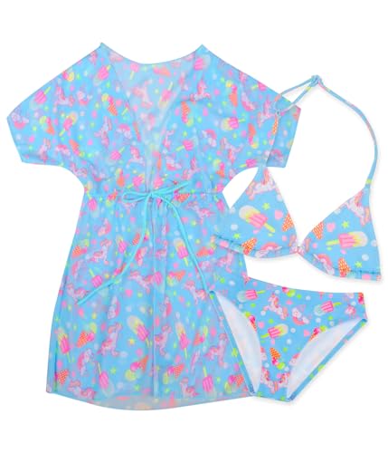 POWER FLOWER Mädchen 3-teiliges Badeanzug-Set, Bikini-Set mit Coverup zum Schwimmen, Zweiteiliger Badeanzug mit Coverup für Mädchen von 4 bis 16 Jahren (6-8 Years, LA665-Blue) von POWER FLOWER