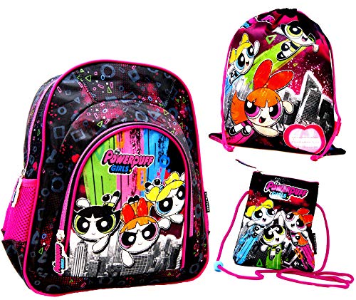 Powerpuff Girls Set 3 TLG. - 1x Kinder Rucksack/Kindergarten Tasche - für die Brotdose/Trinkflasche/Vorschul-Rucksack + 1x Kinder Geldbeutel/Brustbeutel/Geldbörse + 1x Turnbeutel von POWERPUFF GIRLS