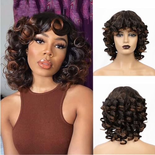 Afro Kinky Curly Fluffy Für Schwarze Frauen, Kurze Wellenperücke, Braune Farbe, Hohe Temperatur, Sollte Lange Wellenperücke Haben von POWHA