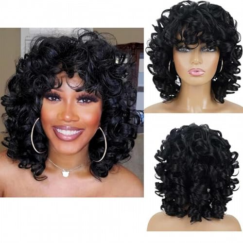 Afro-Perücke Mit Kurzen Haaren, Lockig, Für Damen, Kleine Lockige Perücke Mit Pony, Schwarz, Für Den Täglichen Gebrauch, Party, 35,6 Cm von POWHA