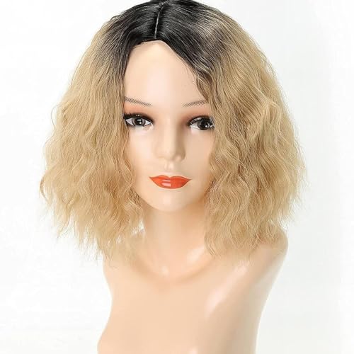 Blonde Perücke, Natürliche Dunkle Wurzel, Lockiges Kunsthaar, Perücke Für Frauen, Bob-Perücken, 40,6 Cm, Für Cosplay, Party, Alltag von POWHA