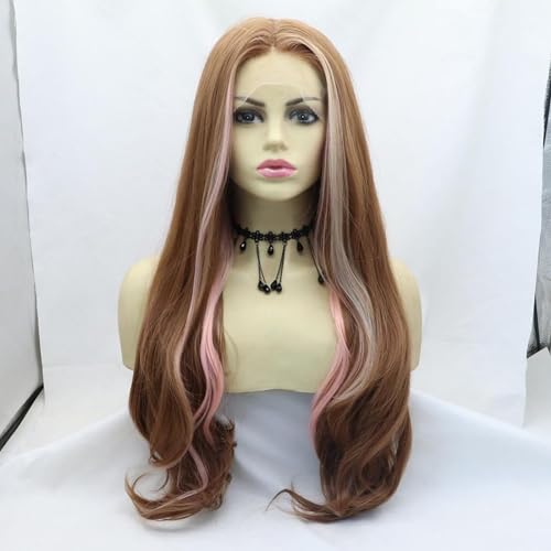 Braune Perücke Mit Rosa Highlights, Lang, Gewellt, Gemischt Blond/Braun, Lace-Front-Perücken, Natürliches Haar, Für Frauen, 61 Cm von POWHA