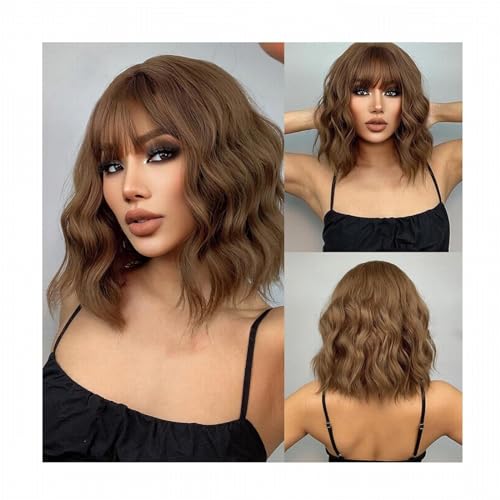 Kleberlose Perücken Schwarz Braun Schulterlanges Kurzes Lockiges Haar Damen Hochtemperatur-Seidenperückenabdeckung Täglich von POWHA