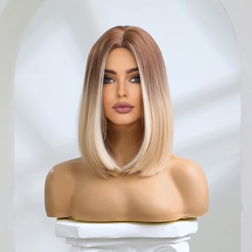 Kurze Bob-Perücken In Ombre-Blond Für Damen, 35,6 Cm, Glattes Haar, Synthetische Perücken Für Die Tägliche Party von POWHA