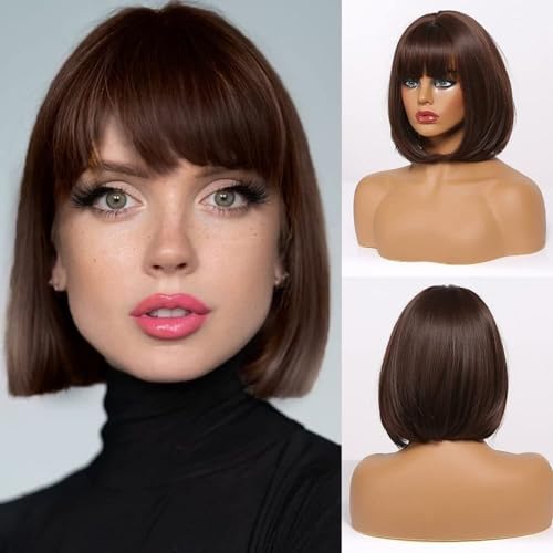 Kurze Gerade Bob-Perücken Mit Pony Für Damen, 22,9 Cm, Braune Perücke, Synthetische Perückenhaare Für Tägliche Partys, Cosplay von POWHA