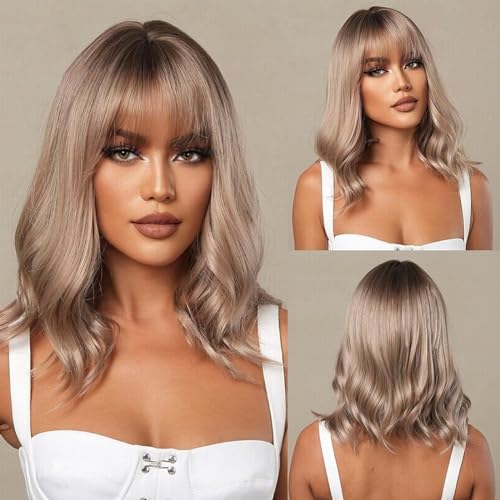 Kurze Gewellte Ombre-Braun-Perücke Mit Pony Für Damen, 35,6 Cm Lange Bob-Perücke Mit Natürlichen Locken Für Das Tägliche Party-Cosplay von POWHA