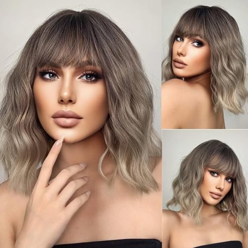 Kurze Gewellte Ombre-Perücke Für Damen, 30,5 Cm, Kurze Graublonde Bob-Lockenperücken, Schulterlang, Für Die Tägliche Party von POWHA