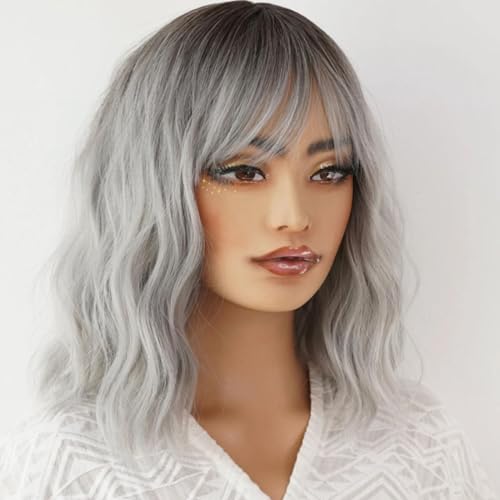 Kurze Graue Bob-Perücken Mit Pony Für Damen, 35,6 Cm, Schulterlange, Gewellte Perücke, Natürlich, Für Tägliches Party-Cosplay von POWHA