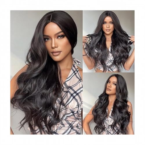 Lace Front Perücken Echthaar 22'' Lange Wasserwellenperücke Für Frauen Schwarze Synthetische Perücken Mit Mittlerem Geteilten Pony von POWHA