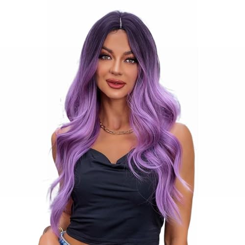 Lange, Lockige, Bauschige Lila Perücke Für Frauen, Natürliches Haar, Ombre-Lila, 61 Cm, Für Tägliches Party-Cosplay von POWHA