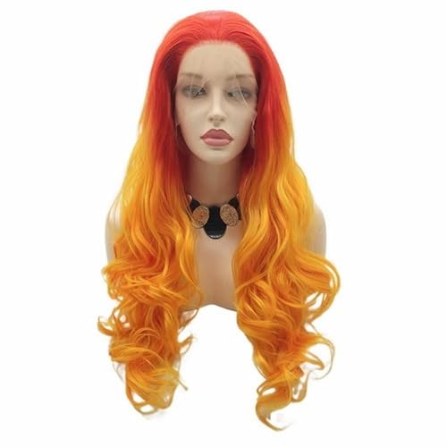 Lange Lockige Wellenperücken Für Frauen, Flauschige Rot-Orangefarbene Synthetische Lace-Front-Perücke, Cosplay-Party von POWHA