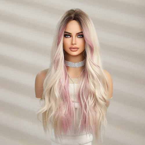 Lange Ombre-Blond-Mix-Pink-Perücken Für Frauen, 66 Cm, Natürliche Gewellte Perücken, Hitzebeständiges Haar von POWHA