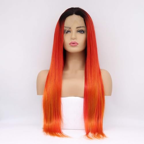 Lange Orange Rote Seidige Gerade Perücke Synthetische Lace-Front-Perücken Für Frauen 24'' von POWHA