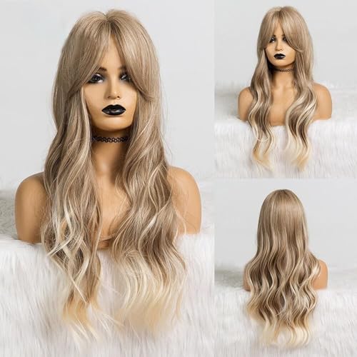 Lange gewellte Ombre-Blondine-Perücken für Frauen, 66 cm, hitzebeständiges Haar für tägliches Party-Cosplay von POWHA