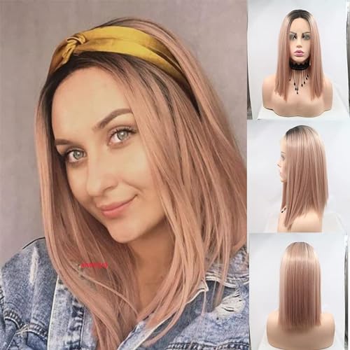 Ombre Pfirsichrosa Kurze Gerade Synthetische Lace-Front-Perücke Mit Dunklen Wurzeln, Pastell-Rose-Goldener Bob, Natürlich, Für Frauen, 30,5 Cm von POWHA