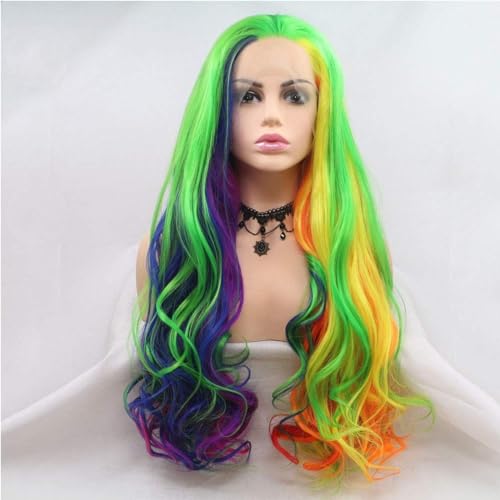 Perücken, Lange Gewellte Perücke, Gelb, Grün, Blau, Orange, Lila, Mischung Aus Buntem Haar, Synthetisch, Natürlich, Gewellt, Regenbogenfarben, Für Damen von POWHA