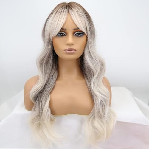 Perücken Braun Grau Ombre Blonde Perücke Mit Air Bangs Haar Langes Gewelltes Synthetik Für Frauen Cosplay Make-Up von POWHA