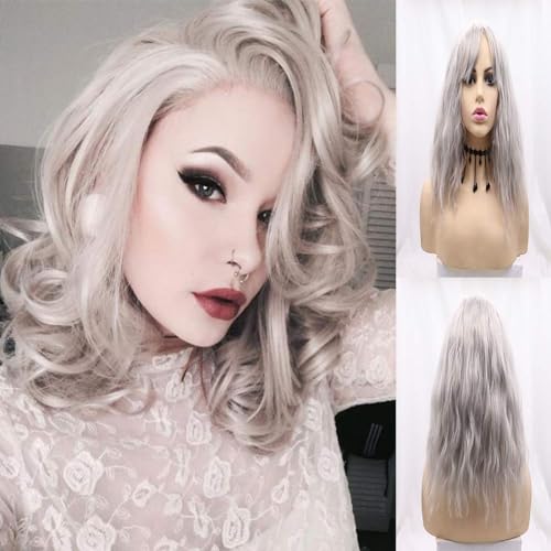 Silbergraue Bob-Perücke, Kurz Geschnitten, Platinblond, Lockig, Grau, Gewellt, Mit Air Bangs Für Frauen, 30,5 Cm von POWHA