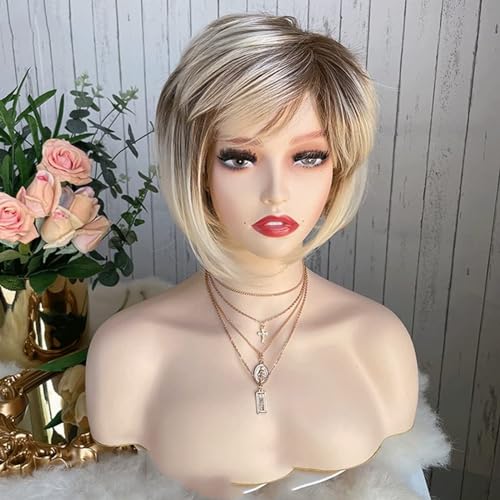 Weiße Frauen Ombre Blonde Kurze Bob Perücke Synthetische Lockige Haarperücke Kurze Pixie Cut Perücken von POWHA