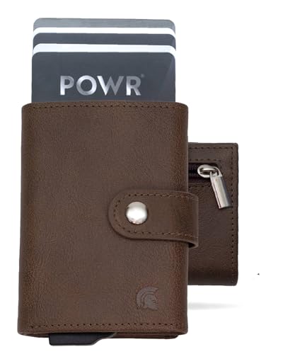 POWR Wallet Herren Metall Kartenhalter Geldbörse mit Münzfach. Braunes Vegan-Leder RFID-Kartenhalter für Männer. Minimalistische Brieftasche Kreditkartenhalter für Männer. Metall-Kreditkartenhalter von POWR