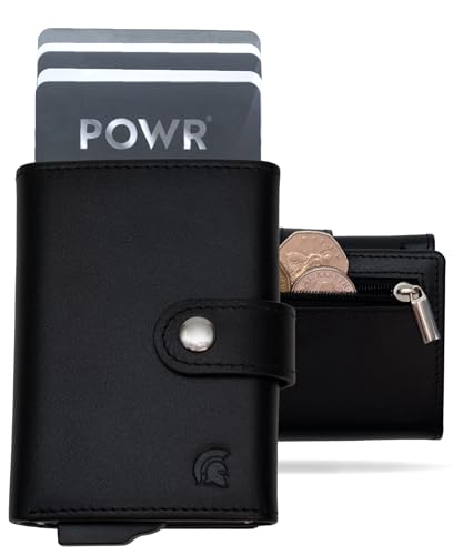 POWR Wallet Herren Metall Kartenhalter Geldbörse mit Münzfach. Schwarzes Vegan Leder RFID Kartenhalter für Männer. Minimalistische Brieftasche Kreditkartenhalter für Männer. Metall-Kreditkartenhalter von POWR