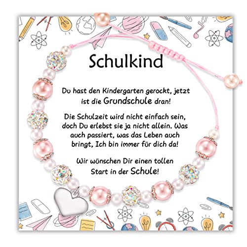 POWWA Geschenk Einschulung Mädchen, Schultüte Mädchen Inhalt 2022 Schulkind Armband，Geschenk für Erstklässler Abschiedsgeschenke Rosa Perlen Herz Charme Armband Geschenke für Mädchen von POWWA