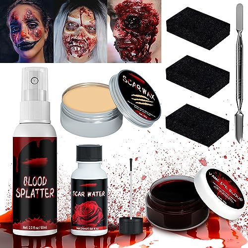 POWZOO Halloween Schminke Set,Hautwachs+Kunstblut Sprühen+Verkrustetes Kunstblut+Fake Wunden Wasser+Spachtel+3xSchwamm,Wunden Schminken Set für Halloween Zombie Vampir Wunden Narben Schminke. von POWZOO